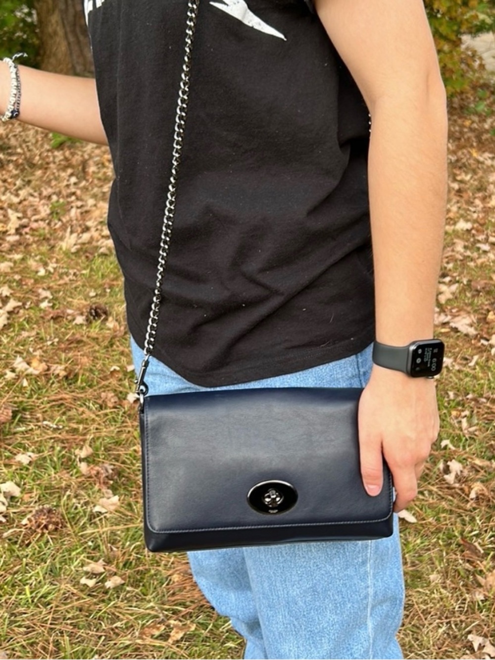 Coach navy Leather Crosstown convertible Crossbody Bag with Chain Strap 36824
